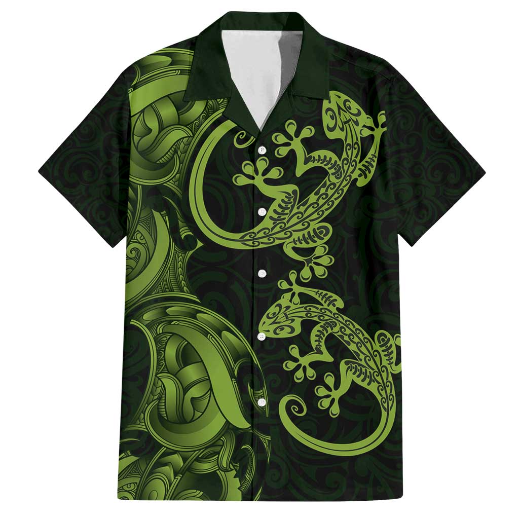 New Zealand Gecko Maori Art Tattoo Family Matching Off Shoulder Short Dress and Hawaiian Shirt LT03 Dad's Shirt - Short Sleeve Green - Polynesian Pride