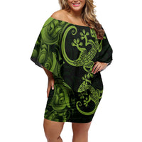 New Zealand Gecko Maori Art Tattoo Family Matching Off Shoulder Short Dress and Hawaiian Shirt LT03 Mom's Dress Green - Polynesian Pride