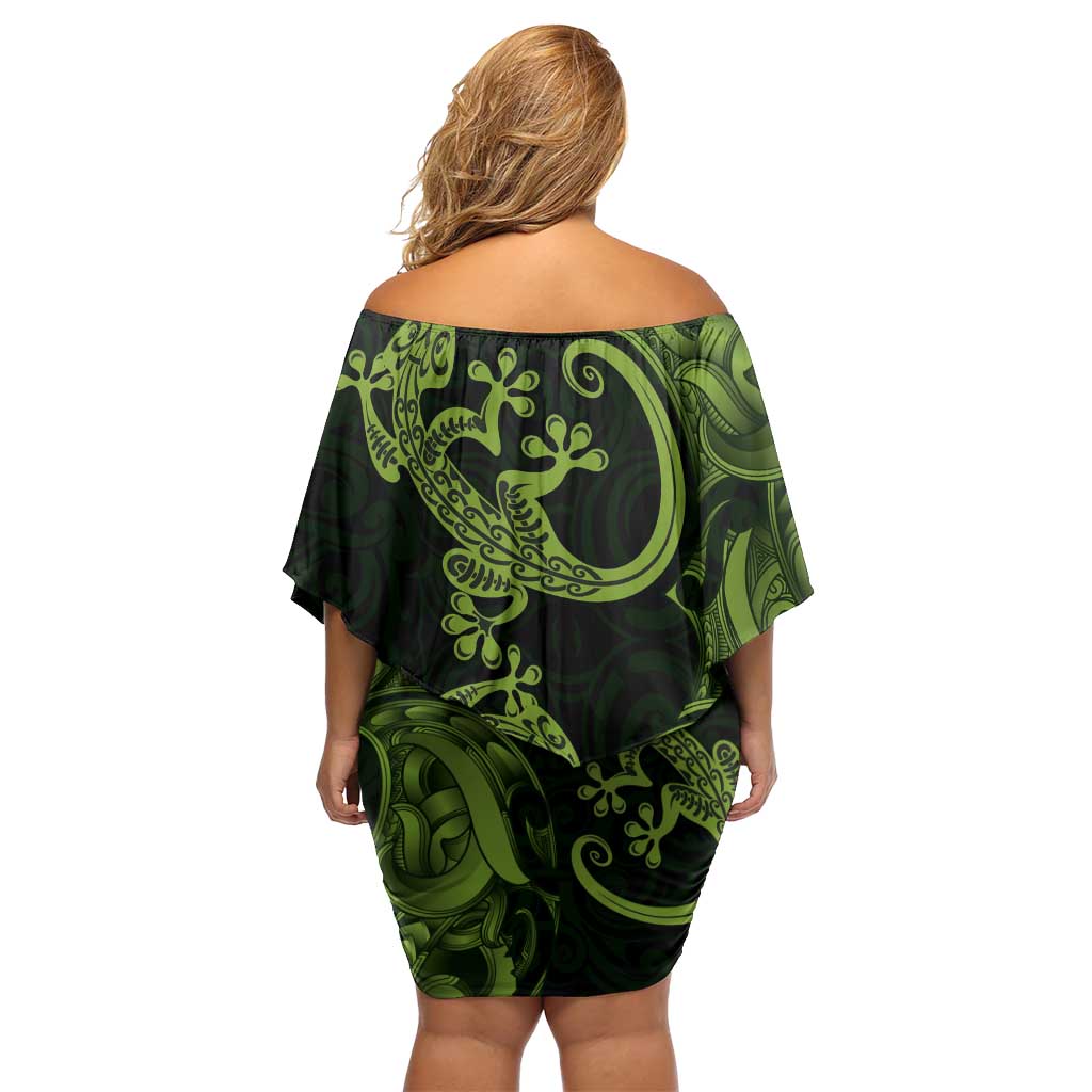 New Zealand Gecko Maori Art Tattoo Family Matching Off Shoulder Short Dress and Hawaiian Shirt LT03 - Polynesian Pride