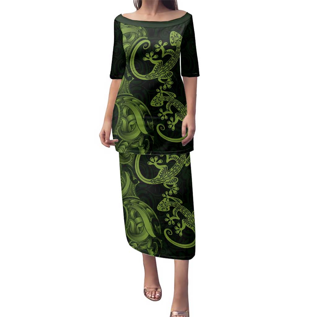 New Zealand Gecko Maori Art Tattoo Family Matching Puletasi and Hawaiian Shirt LT03 Mom's Dress Green - Polynesian Pride