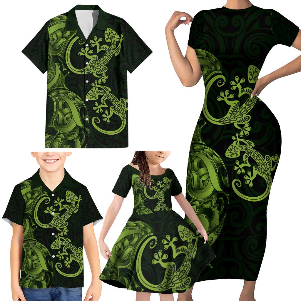 New Zealand Gecko Maori Art Tattoo Family Matching Short Sleeve Bodycon Dress and Hawaiian Shirt LT03 - Polynesian Pride