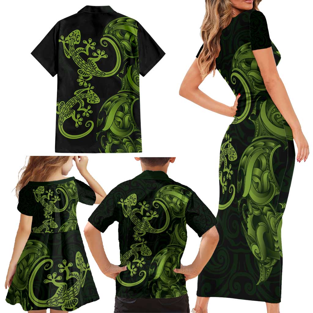 New Zealand Gecko Maori Art Tattoo Family Matching Short Sleeve Bodycon Dress and Hawaiian Shirt LT03 - Polynesian Pride