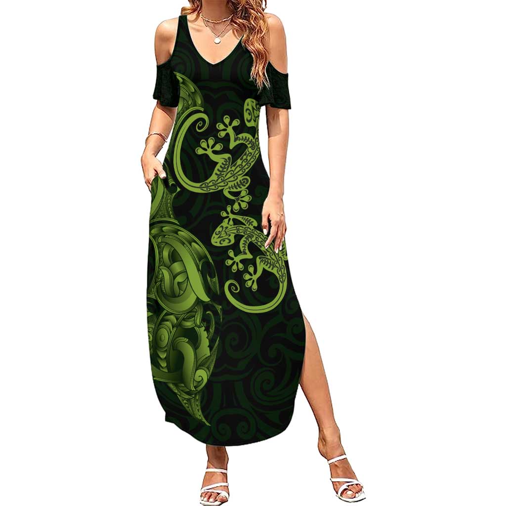 New Zealand Gecko Maori Art Tattoo Family Matching Summer Maxi Dress and Hawaiian Shirt LT03 Mom's Dress Green - Polynesian Pride