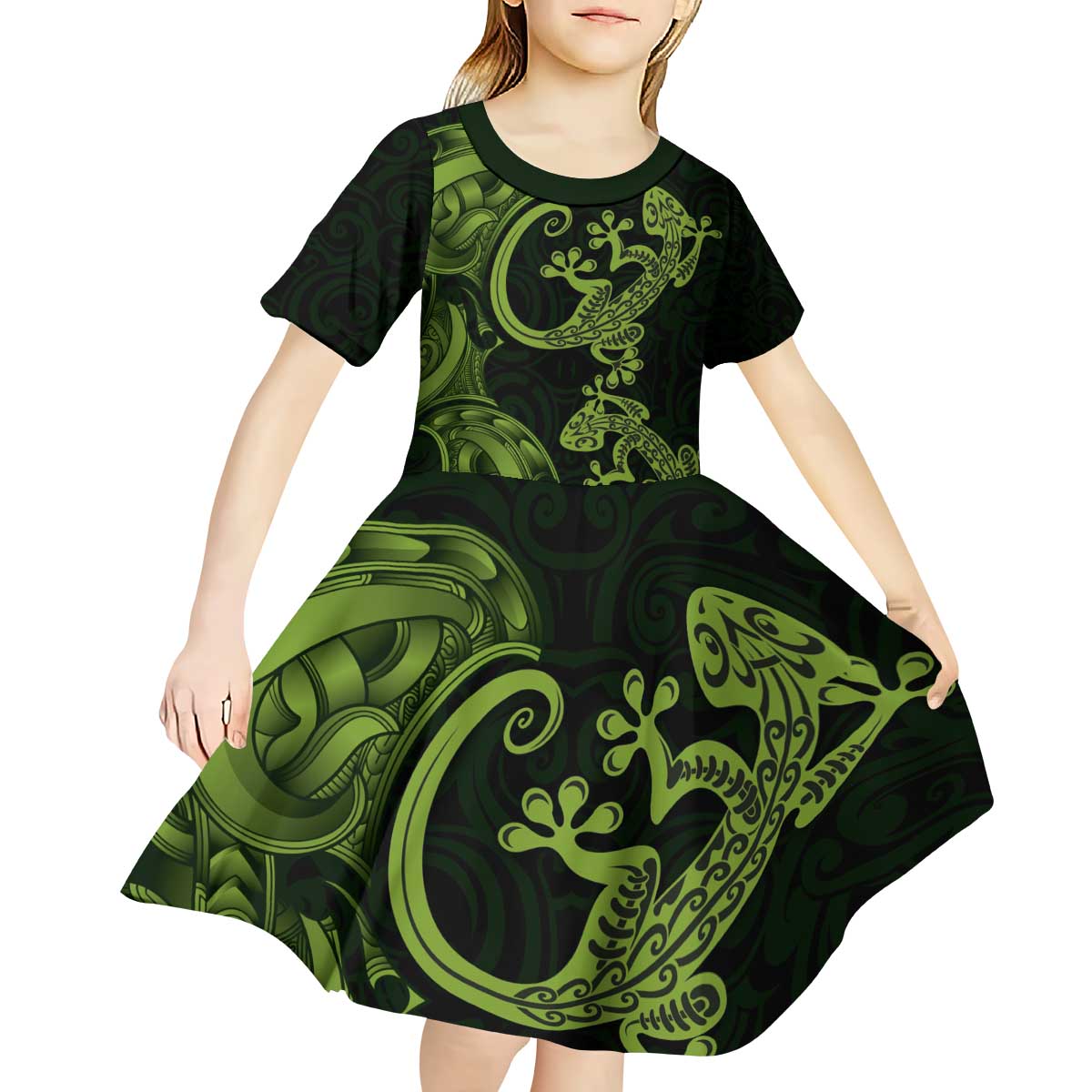 New Zealand Gecko Maori Art Tattoo Kid Short Sleeve Dress LT03 - Polynesian Pride