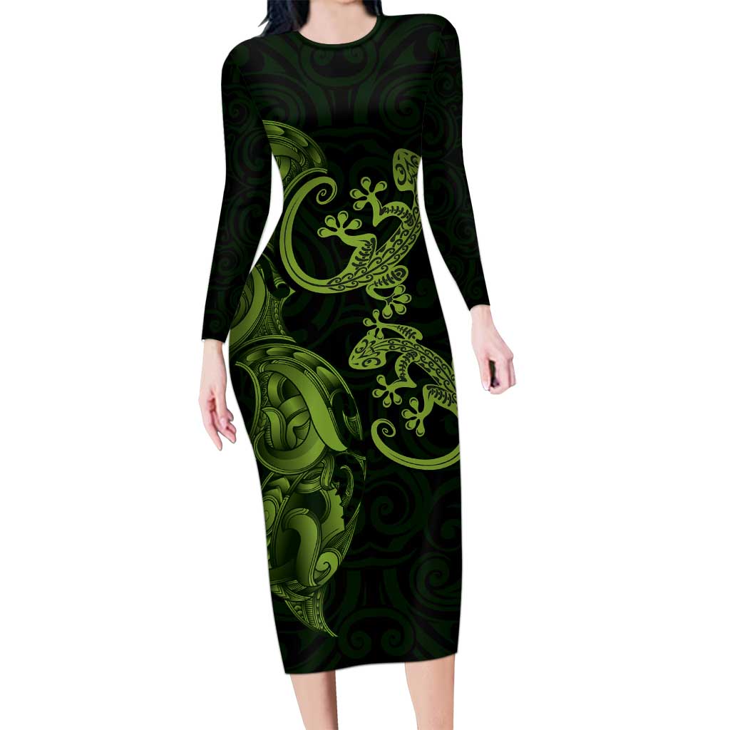 New Zealand Gecko Maori Art Tattoo Long Sleeve Bodycon Dress LT03 Long Dress Green - Polynesian Pride
