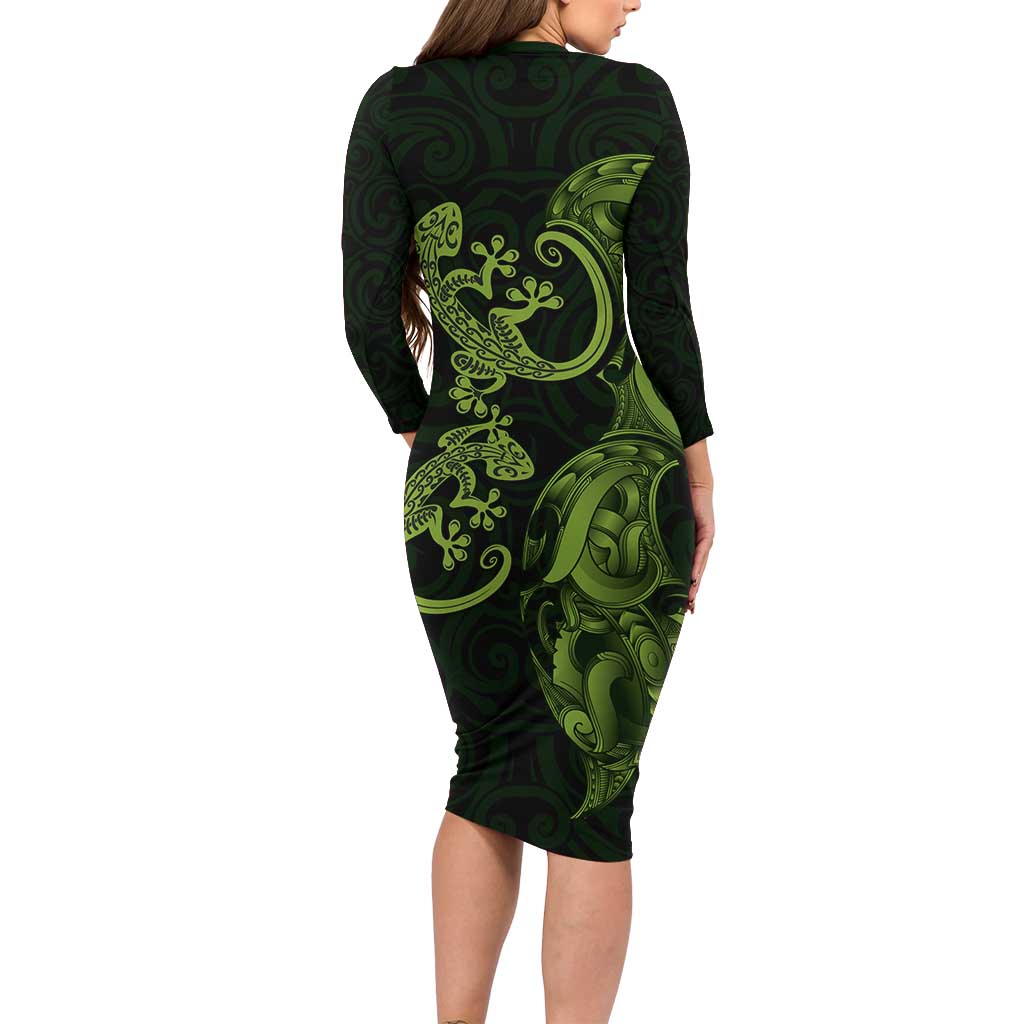 New Zealand Gecko Maori Art Tattoo Long Sleeve Bodycon Dress LT03 - Polynesian Pride