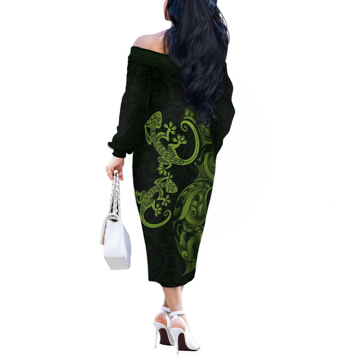 New Zealand Gecko Maori Art Tattoo Off The Shoulder Long Sleeve Dress LT03 - Polynesian Pride