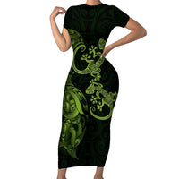 New Zealand Gecko Maori Art Tattoo Short Sleeve Bodycon Dress LT03 Long Dress Green - Polynesian Pride