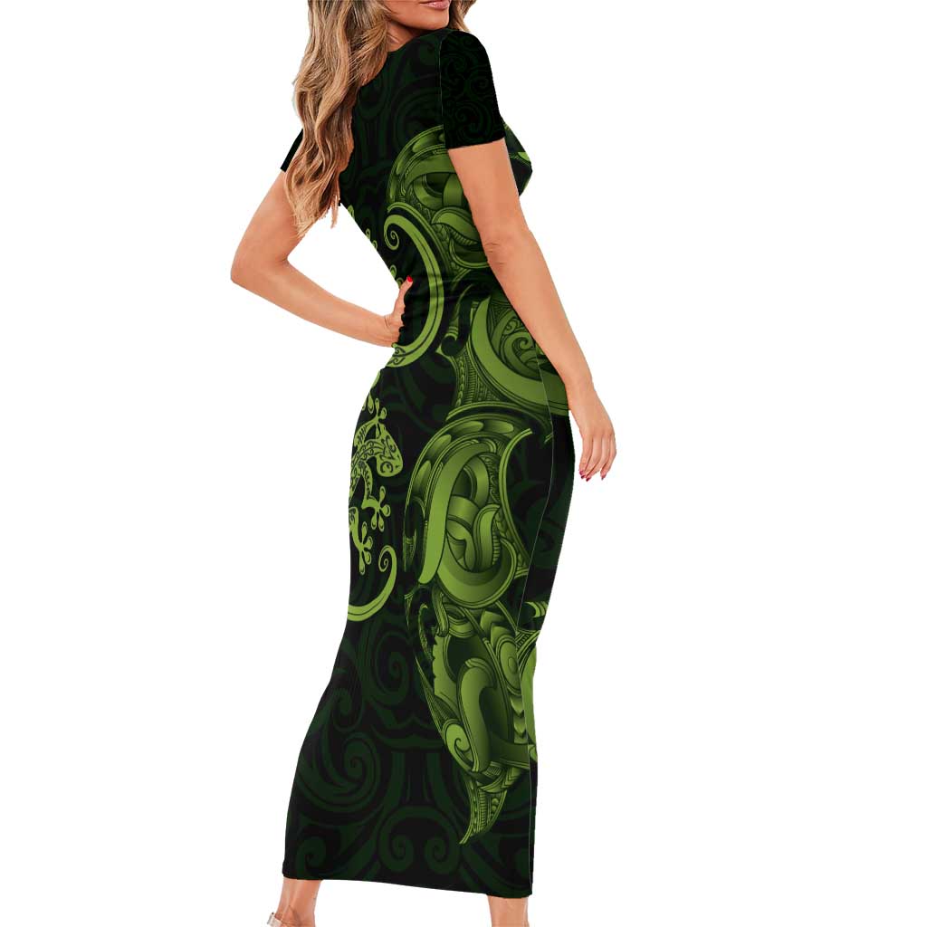 New Zealand Gecko Maori Art Tattoo Short Sleeve Bodycon Dress LT03 - Polynesian Pride