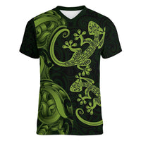 New Zealand Gecko Maori Art Tattoo Women V-Neck T-Shirt LT03 Female Green - Polynesian Pride
