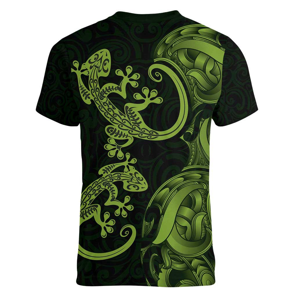 New Zealand Gecko Maori Art Tattoo Women V-Neck T-Shirt LT03 - Polynesian Pride