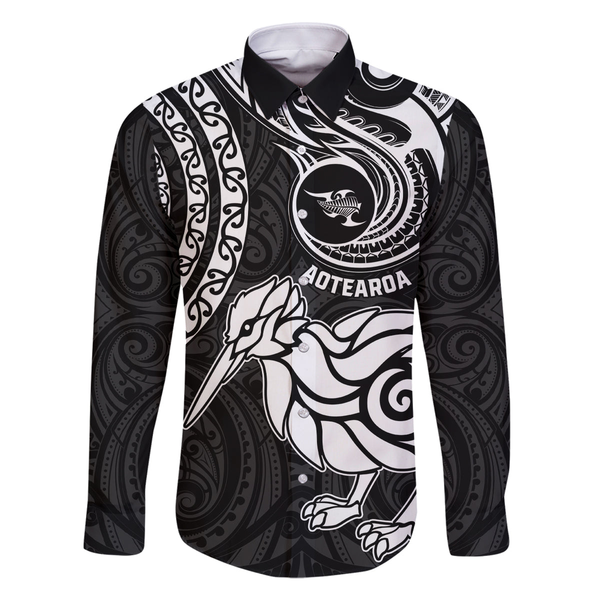New Zealand Family Matching Mermaid Dress and Hawaiian Shirt Stylized Kiwi Bird Tattoo Mix Koru Circle and Maori Ethnic Vibe LT03 Dad's Shirt - Long Sleeve Black - Polynesian Pride