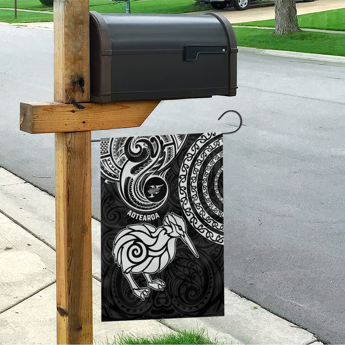 New Zealand Garden Flag Stylized Kiwi Bird Tattoo Mix Koru Circle and Maori Ethnic Vibe LT03 - Polynesian Pride