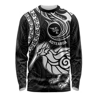 New Zealand Long Sleeve Shirt Stylized Kiwi Bird Tattoo Mix Koru Circle and Maori Ethnic Vibe LT03 Unisex Black - Polynesian Pride