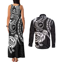 Personalised New Zealand Couples Matching Tank Maxi Dress and Long Sleeve Button Shirt Stylized Kiwi Bird Tattoo Mix Koru Circle and Maori Ethnic Vibe LT03 - Polynesian Pride
