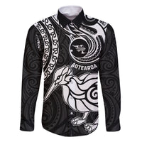 Personalised New Zealand Family Matching Off Shoulder Long Sleeve Dress and Hawaiian Shirt Stylized Kiwi Bird Tattoo Mix Koru Circle and Maori Ethnic Vibe LT03 Dad's Shirt - Long Sleeve Black - Polynesian Pride