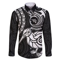 Personalised New Zealand Family Matching Puletasi Dress and Hawaiian Shirt Stylized Kiwi Bird Tattoo Mix Koru Circle and Maori Ethnic Vibe LT03 Dad's Shirt - Long Sleeve Black - Polynesian Pride