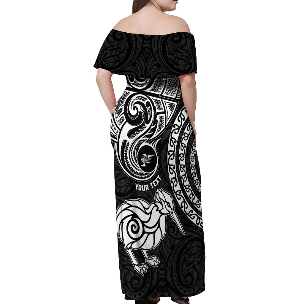 Personalised New Zealand Off Shoulder Maxi Dress Stylized Kiwi Bird Tattoo Mix Koru Circle and Maori Ethnic Vibe LT03 - Polynesian Pride