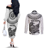 Custom New Zealand Couples Matching Off The Shoulder Long Sleeve Dress and Long Sleeve Button Shirt Tui Bird and Koru Circle Mix Silver Fern Pattern LT03 - Polynesian Pride