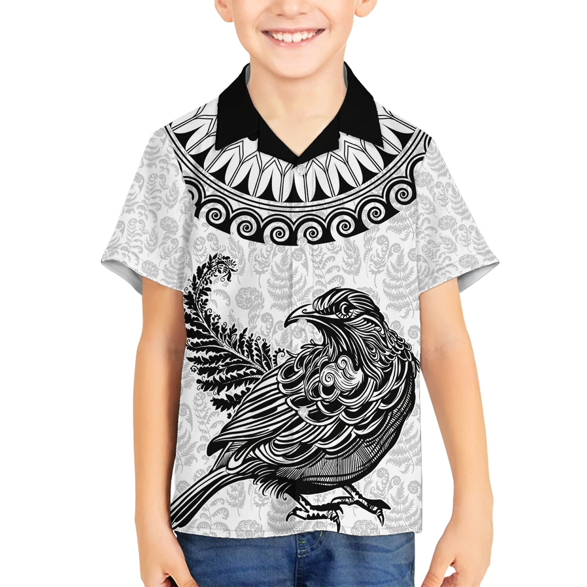 Custom New Zealand Family Matching Off Shoulder Long Sleeve Dress and Hawaiian Shirt Tui Bird and Koru Circle Mix Silver Fern Pattern LT03 Son's Shirt White - Polynesian Pride