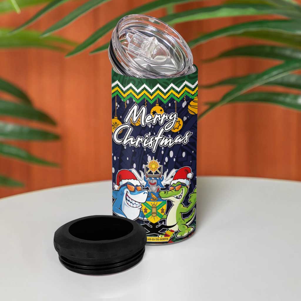 Funny Crocodile and Shark Solomon Islands Christmas 4 in 1 Can Cooler Tumbler with National Seal Melanesian Pattern LT03 - Polynesian Pride