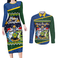 Funny Crocodile and Shark Solomon Islands Christmas Couples Matching Long Sleeve Bodycon Dress and Long Sleeve Button Shirt with National Seal Melanesian Pattern LT03 Blue - Polynesian Pride