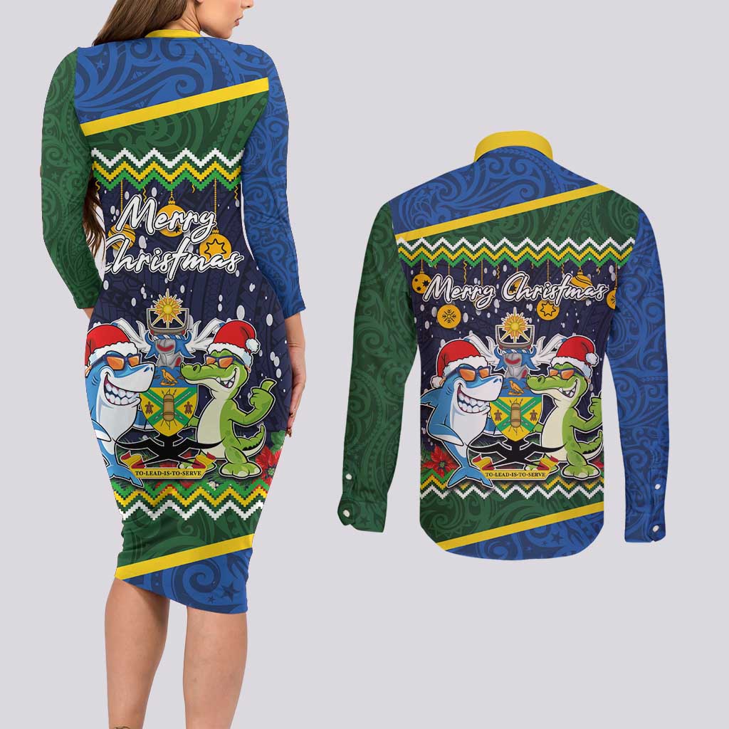 Funny Crocodile and Shark Solomon Islands Christmas Couples Matching Long Sleeve Bodycon Dress and Long Sleeve Button Shirt with National Seal Melanesian Pattern LT03 - Polynesian Pride