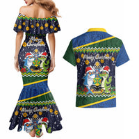 Funny Crocodile and Shark Solomon Islands Christmas Couples Matching Mermaid Dress and Hawaiian Shirt with National Seal Melanesian Pattern LT03 - Polynesian Pride
