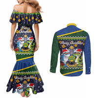 Funny Crocodile and Shark Solomon Islands Christmas Couples Matching Mermaid Dress and Long Sleeve Button Shirt with National Seal Melanesian Pattern LT03 - Polynesian Pride