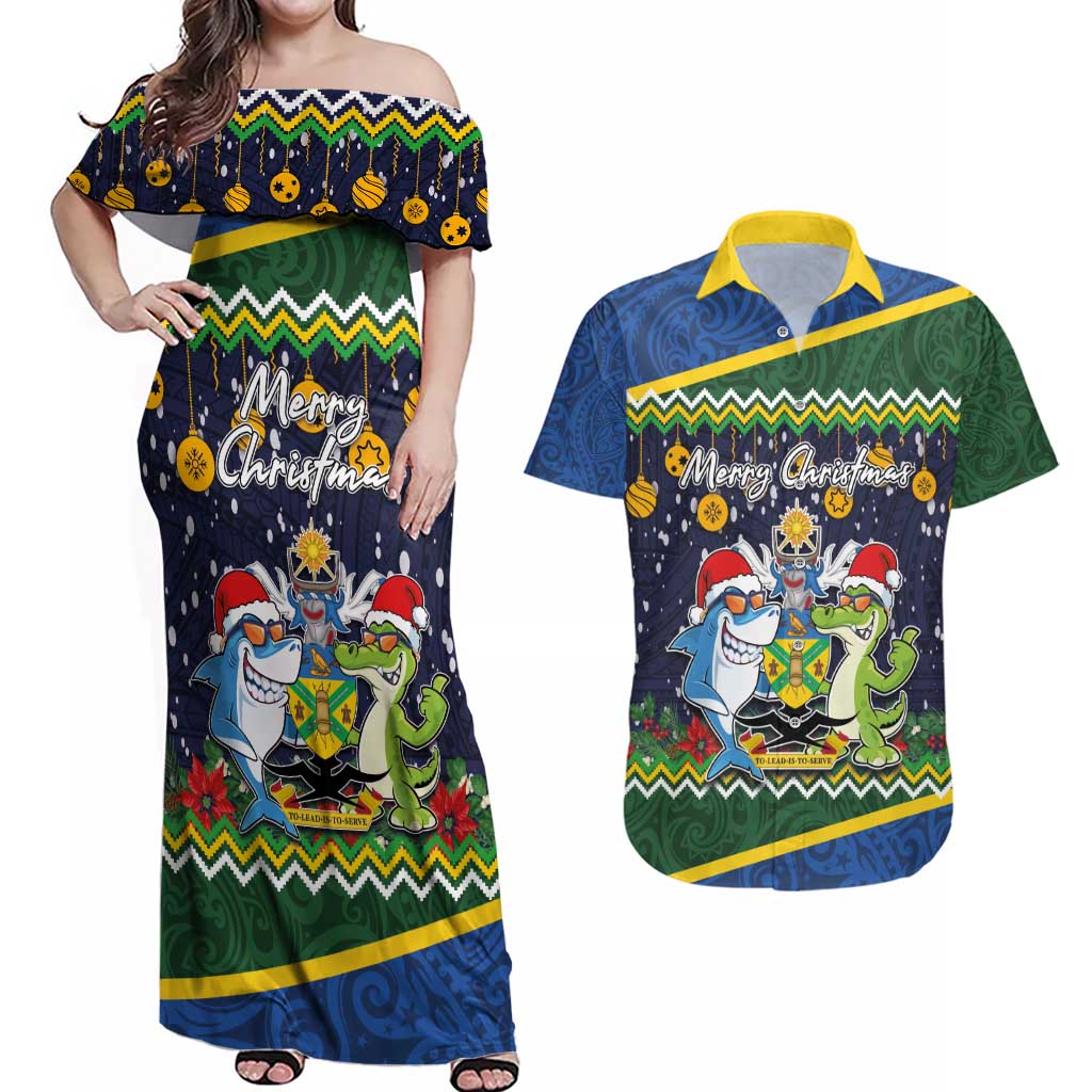Funny Crocodile and Shark Solomon Islands Christmas Couples Matching Off Shoulder Maxi Dress and Hawaiian Shirt with National Seal Melanesian Pattern LT03 Blue - Polynesian Pride