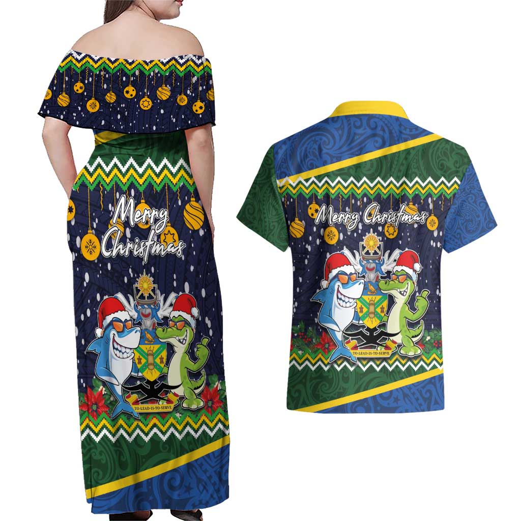 Funny Crocodile and Shark Solomon Islands Christmas Couples Matching Off Shoulder Maxi Dress and Hawaiian Shirt with National Seal Melanesian Pattern LT03 - Polynesian Pride