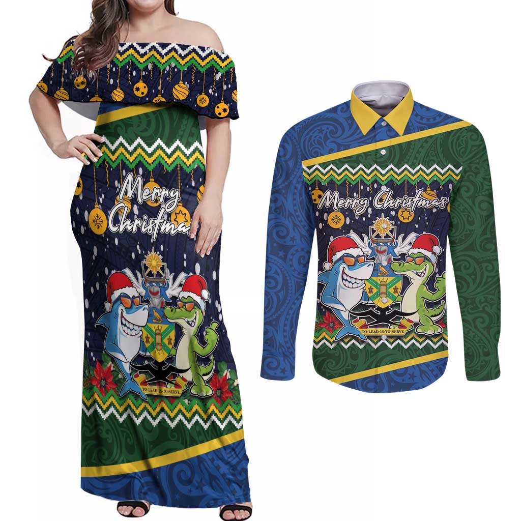 Funny Crocodile and Shark Solomon Islands Christmas Couples Matching Off Shoulder Maxi Dress and Long Sleeve Button Shirt with National Seal Melanesian Pattern LT03 Blue - Polynesian Pride