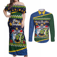 Funny Crocodile and Shark Solomon Islands Christmas Couples Matching Off Shoulder Maxi Dress and Long Sleeve Button Shirt with National Seal Melanesian Pattern LT03 Blue - Polynesian Pride