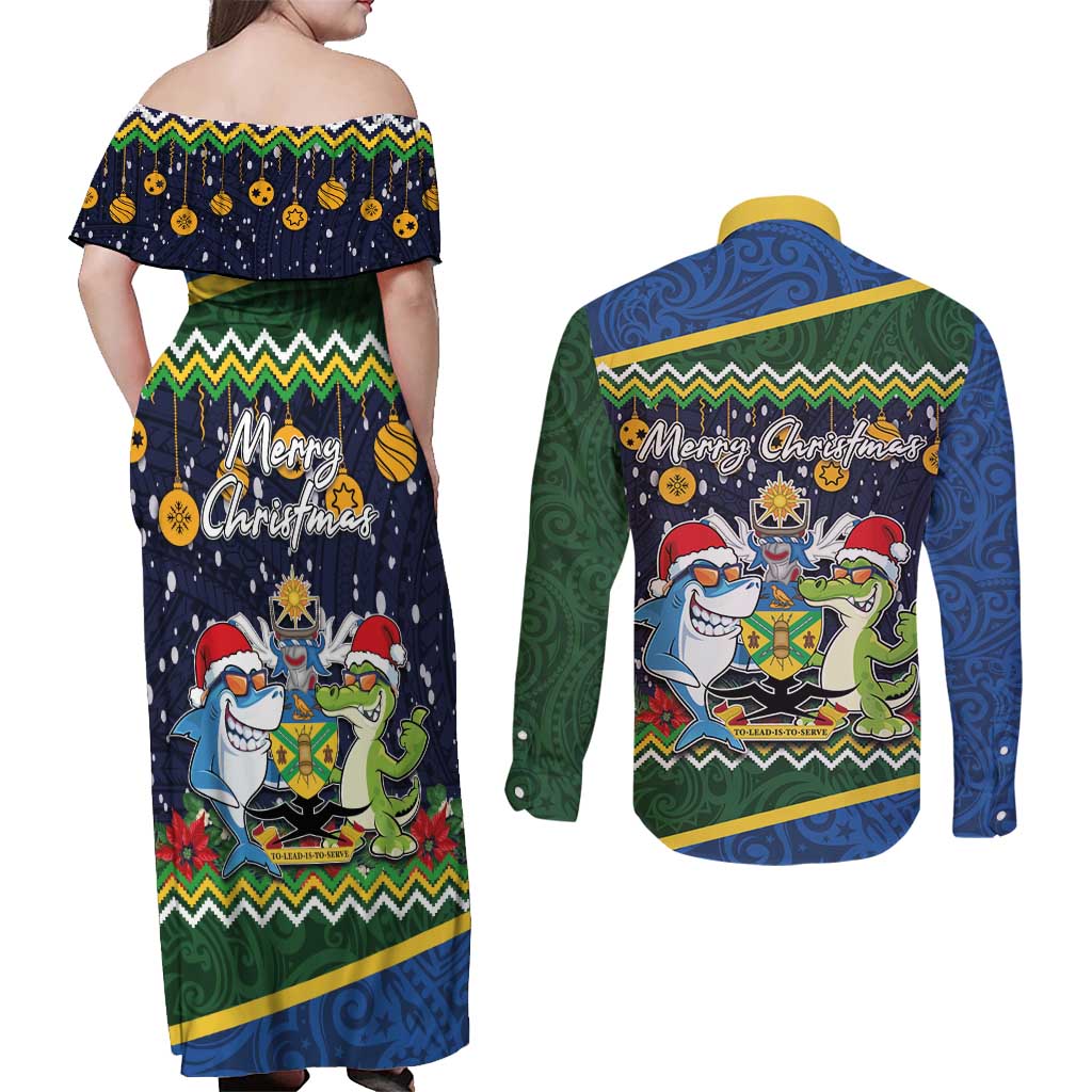 Funny Crocodile and Shark Solomon Islands Christmas Couples Matching Off Shoulder Maxi Dress and Long Sleeve Button Shirt with National Seal Melanesian Pattern LT03 - Polynesian Pride