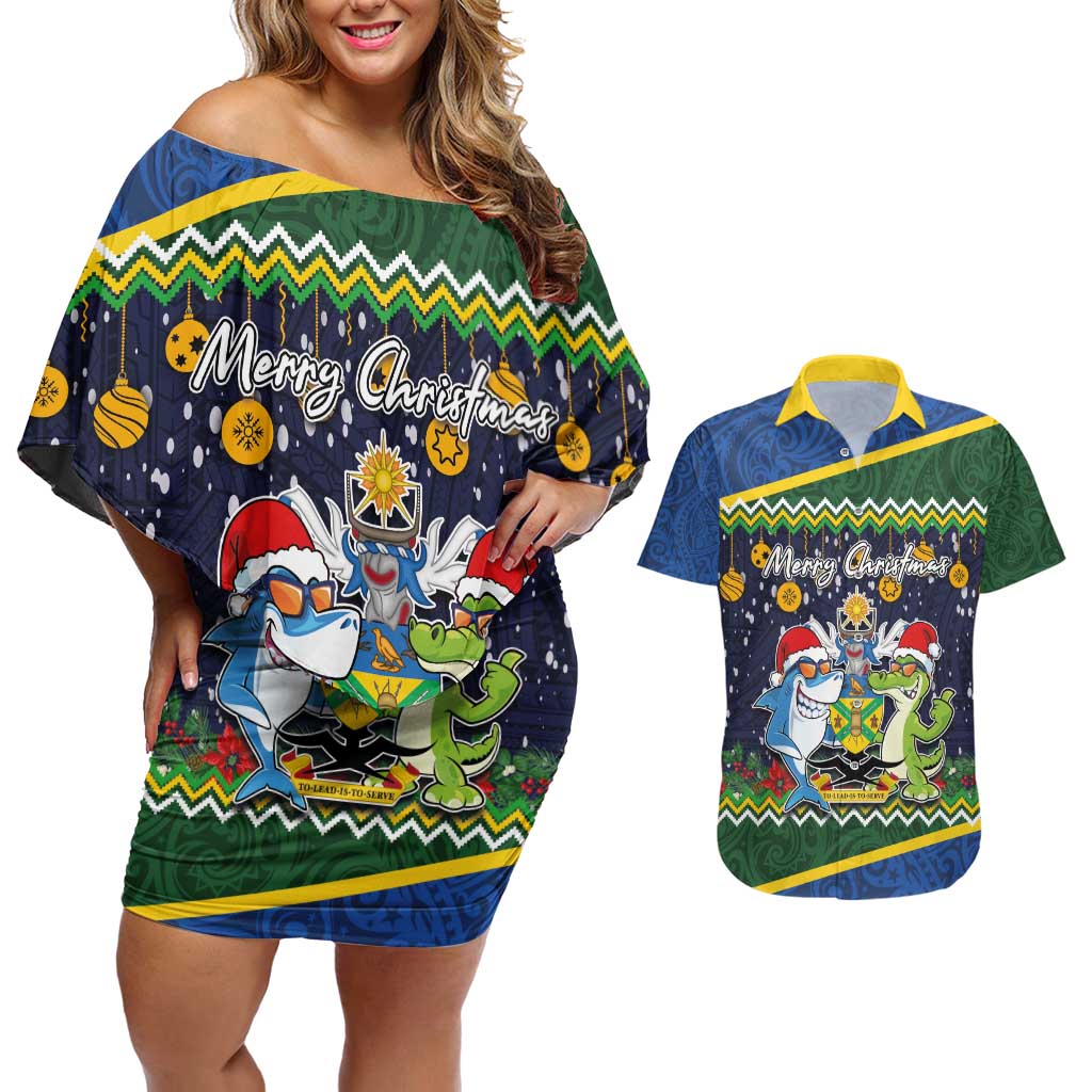 Funny Crocodile and Shark Solomon Islands Christmas Couples Matching Off Shoulder Short Dress and Hawaiian Shirt with National Seal Melanesian Pattern LT03 Blue - Polynesian Pride