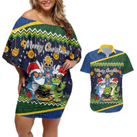 Funny Crocodile and Shark Solomon Islands Christmas Couples Matching Off Shoulder Short Dress and Hawaiian Shirt with National Seal Melanesian Pattern LT03 Blue - Polynesian Pride