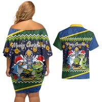Funny Crocodile and Shark Solomon Islands Christmas Couples Matching Off Shoulder Short Dress and Hawaiian Shirt with National Seal Melanesian Pattern LT03 - Polynesian Pride