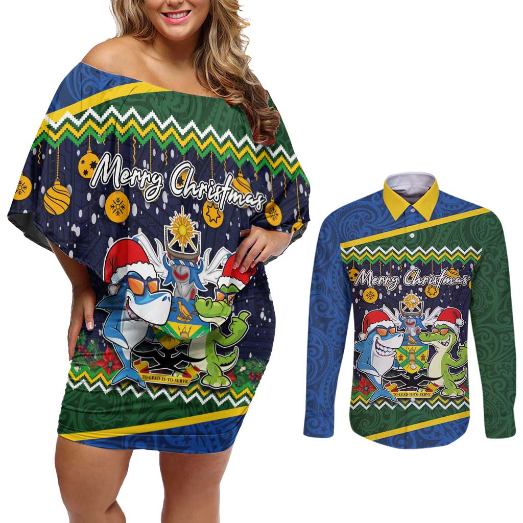 Funny Crocodile and Shark Solomon Islands Christmas Couples Matching Off Shoulder Short Dress and Long Sleeve Button Shirt with National Seal Melanesian Pattern LT03 Blue - Polynesian Pride