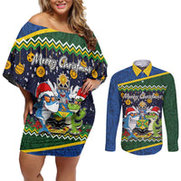 Funny Crocodile and Shark Solomon Islands Christmas Couples Matching Off Shoulder Short Dress and Long Sleeve Button Shirt with National Seal Melanesian Pattern LT03 Blue - Polynesian Pride