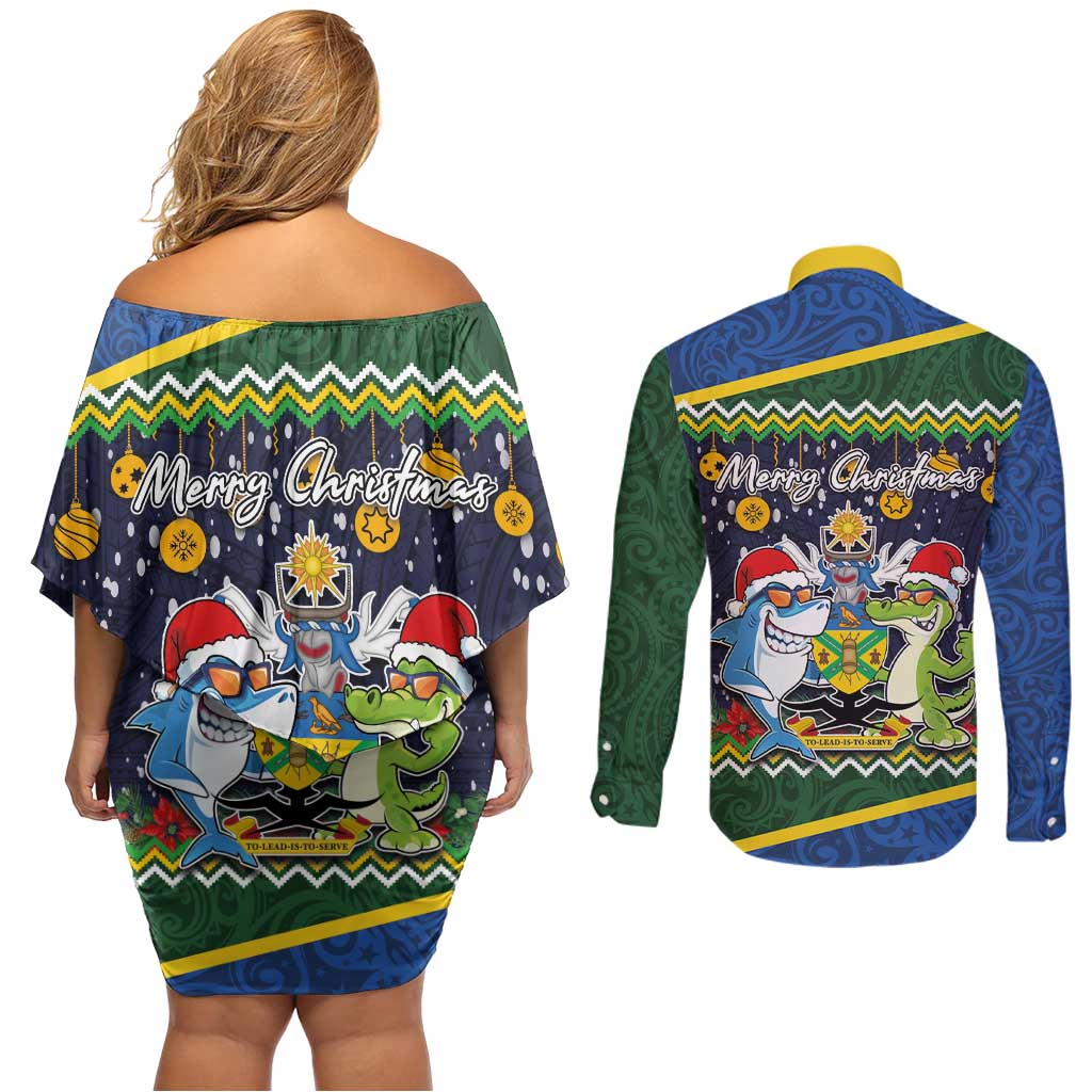 Funny Crocodile and Shark Solomon Islands Christmas Couples Matching Off Shoulder Short Dress and Long Sleeve Button Shirt with National Seal Melanesian Pattern LT03 - Polynesian Pride