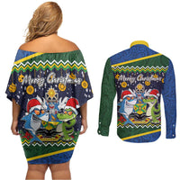 Funny Crocodile and Shark Solomon Islands Christmas Couples Matching Off Shoulder Short Dress and Long Sleeve Button Shirt with National Seal Melanesian Pattern LT03 - Polynesian Pride