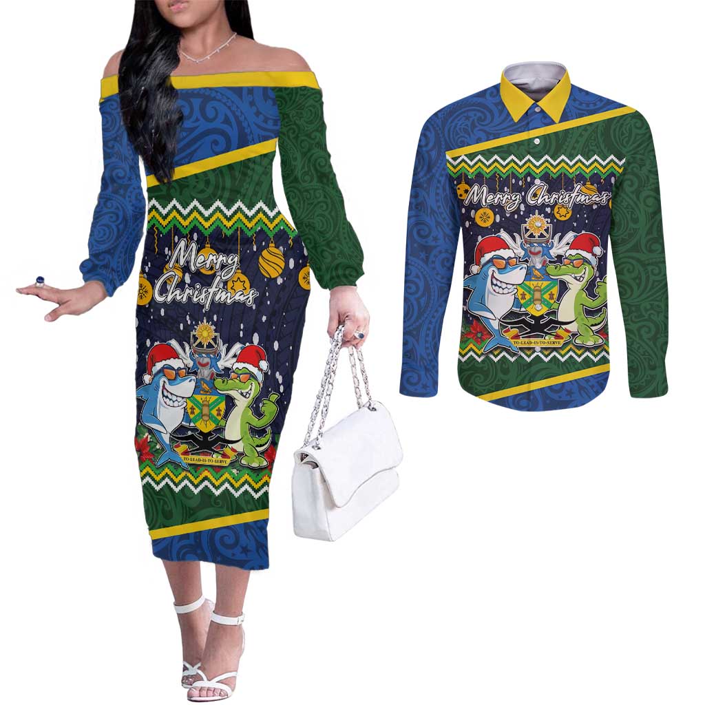 Funny Crocodile and Shark Solomon Islands Christmas Couples Matching Off The Shoulder Long Sleeve Dress and Long Sleeve Button Shirt with National Seal Melanesian Pattern LT03 Blue - Polynesian Pride