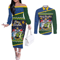 Funny Crocodile and Shark Solomon Islands Christmas Couples Matching Off The Shoulder Long Sleeve Dress and Long Sleeve Button Shirt with National Seal Melanesian Pattern LT03 Blue - Polynesian Pride