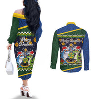 Funny Crocodile and Shark Solomon Islands Christmas Couples Matching Off The Shoulder Long Sleeve Dress and Long Sleeve Button Shirt with National Seal Melanesian Pattern LT03 - Polynesian Pride