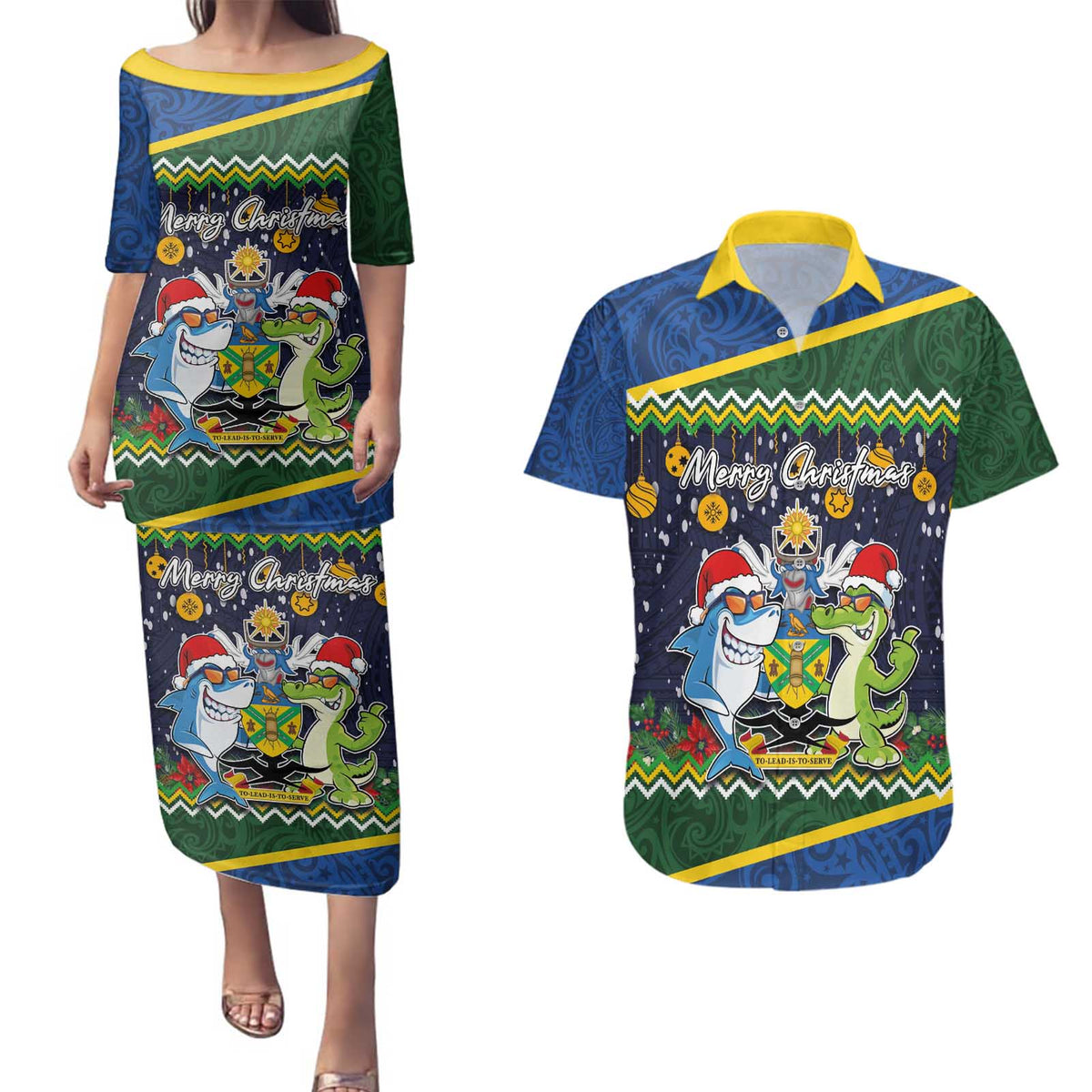 Funny Crocodile and Shark Solomon Islands Christmas Couples Matching Puletasi and Hawaiian Shirt with National Seal Melanesian Pattern LT03 Blue - Polynesian Pride