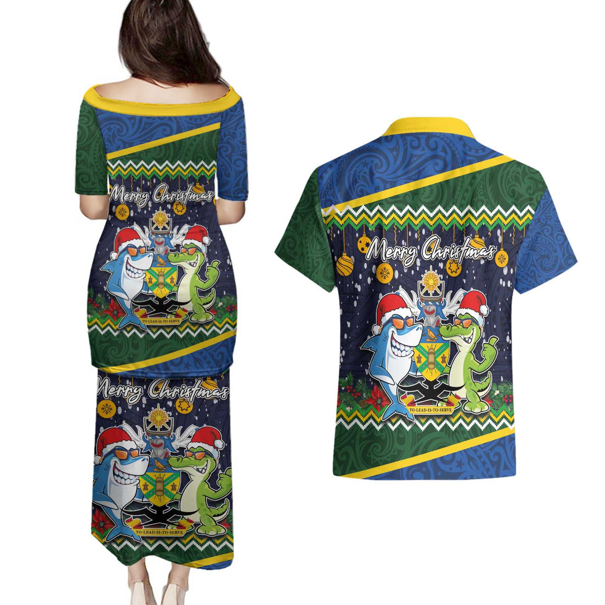 Funny Crocodile and Shark Solomon Islands Christmas Couples Matching Puletasi and Hawaiian Shirt with National Seal Melanesian Pattern LT03 - Polynesian Pride