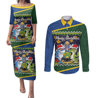Funny Crocodile and Shark Solomon Islands Christmas Couples Matching Puletasi and Long Sleeve Button Shirt with National Seal Melanesian Pattern LT03 Blue - Polynesian Pride