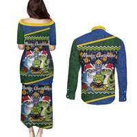 Funny Crocodile and Shark Solomon Islands Christmas Couples Matching Puletasi and Long Sleeve Button Shirt with National Seal Melanesian Pattern LT03 - Polynesian Pride