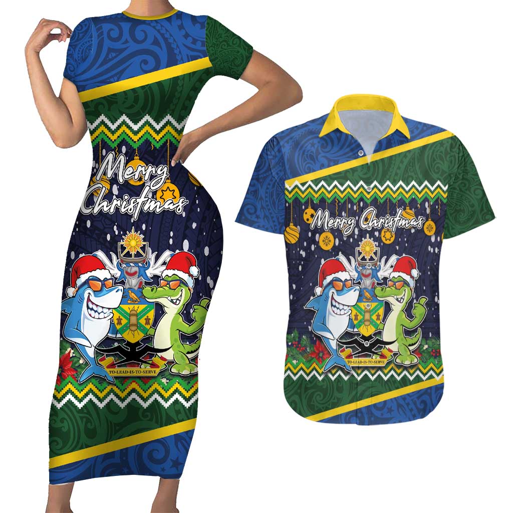Funny Crocodile and Shark Solomon Islands Christmas Couples Matching Short Sleeve Bodycon Dress and Hawaiian Shirt with National Seal Melanesian Pattern LT03 Blue - Polynesian Pride