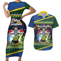 Funny Crocodile and Shark Solomon Islands Christmas Couples Matching Short Sleeve Bodycon Dress and Hawaiian Shirt with National Seal Melanesian Pattern LT03 Blue - Polynesian Pride